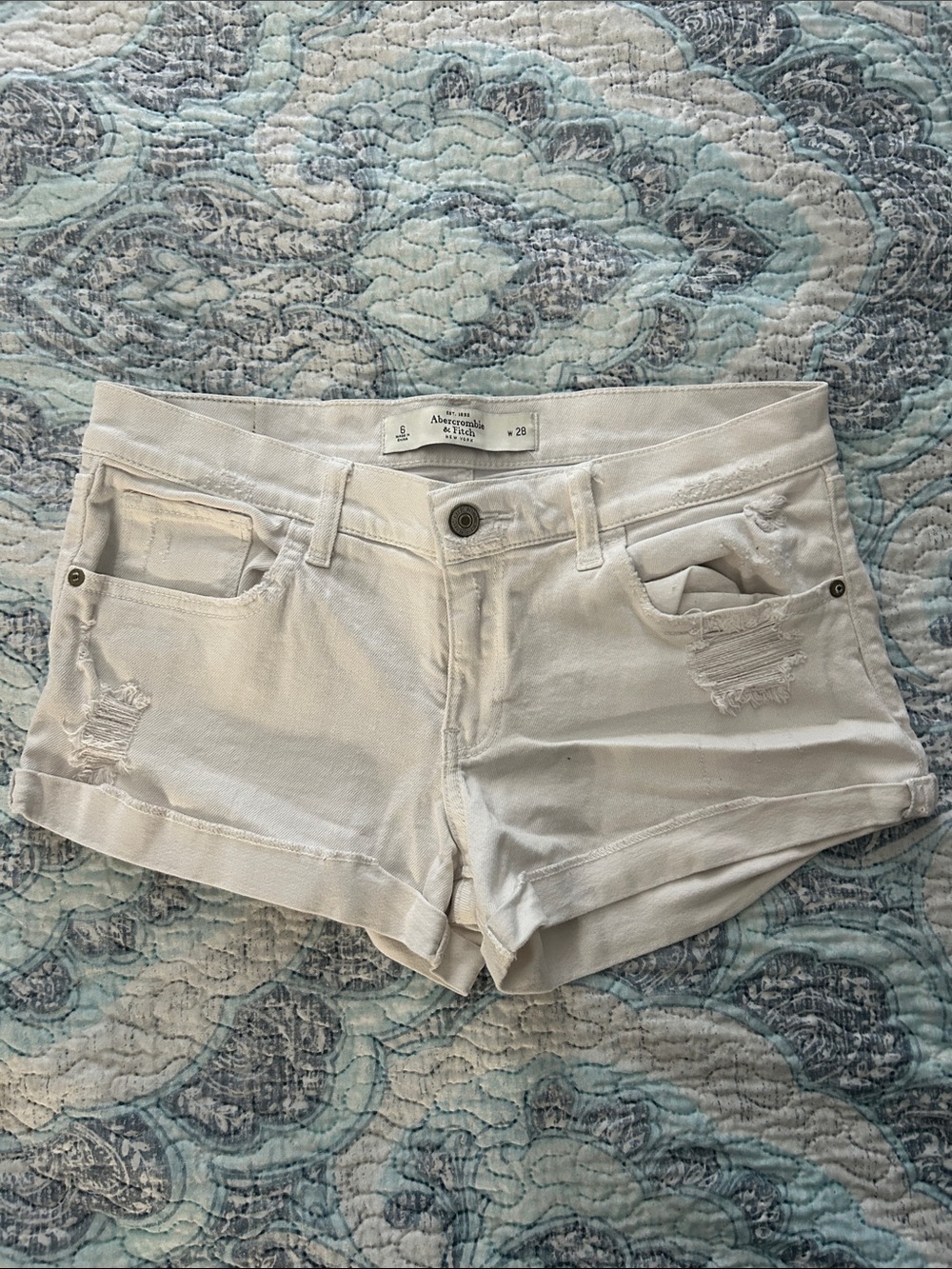 Abercrombie & Fitch Cream Distressed Denim Shorts